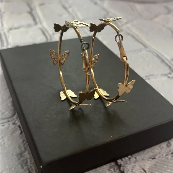 Gold Tone Butterfly Hoop Earrings - Picture 2 of 7